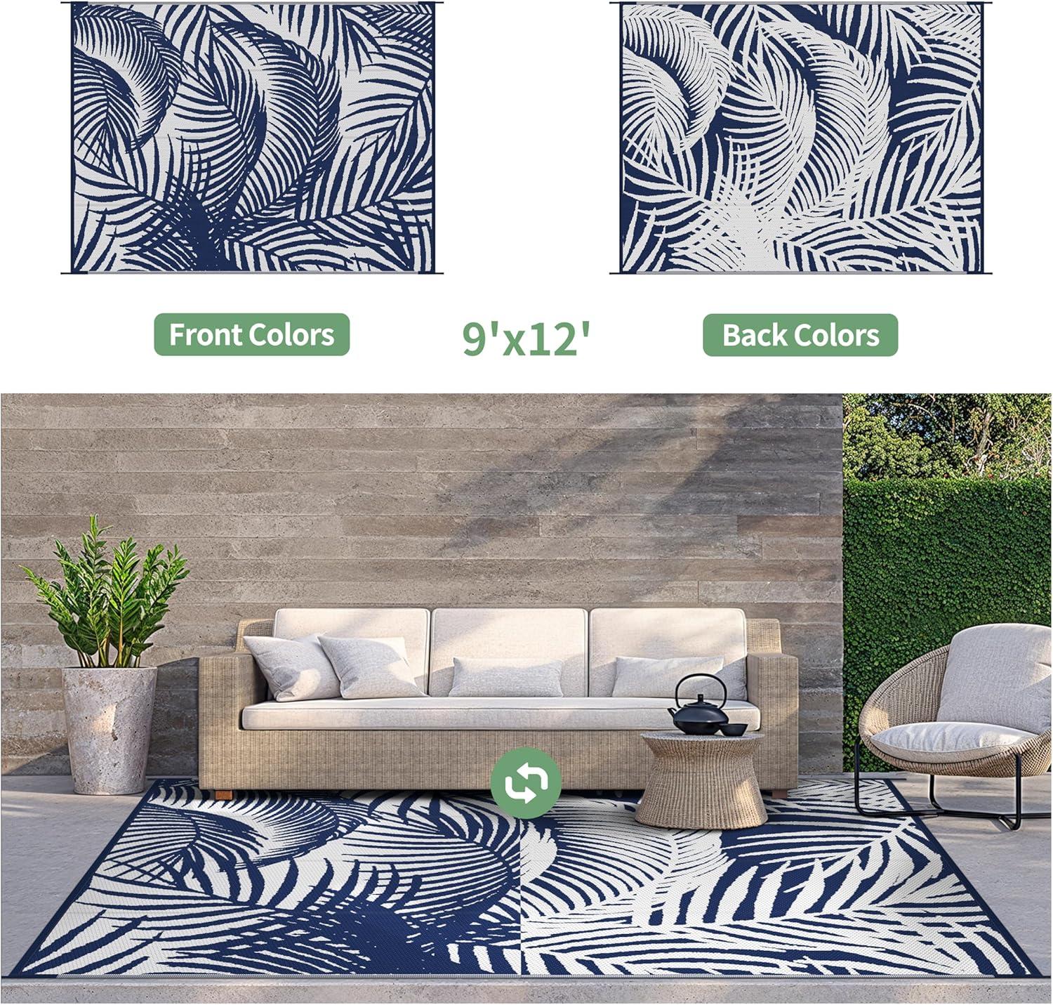 imageGENIMO Outdoor Rug 5 x 8 Waterproof for Patios Clearance Reversible Plastic Straw Camping Carpet Large Area Rugs Mats for RV Picnic Backyard Deck Balcony Porch Beach GreyampampWhiteAblue White