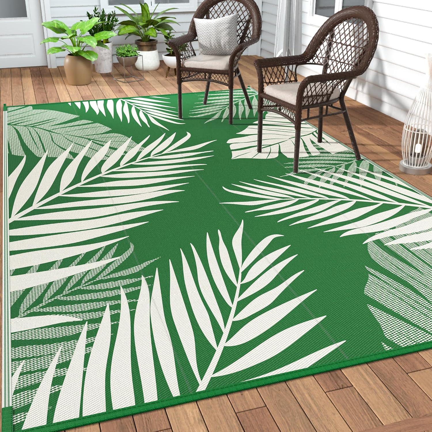 imageGENIMO Outdoor Rug 5 x 8 Waterproof for Patios Clearance Reversible Plastic Straw Camping Carpet Large Area Rugs Mats for RV Picnic Backyard Deck Balcony Porch Beach GreyampampWhiteDarkgreen White Waterproof