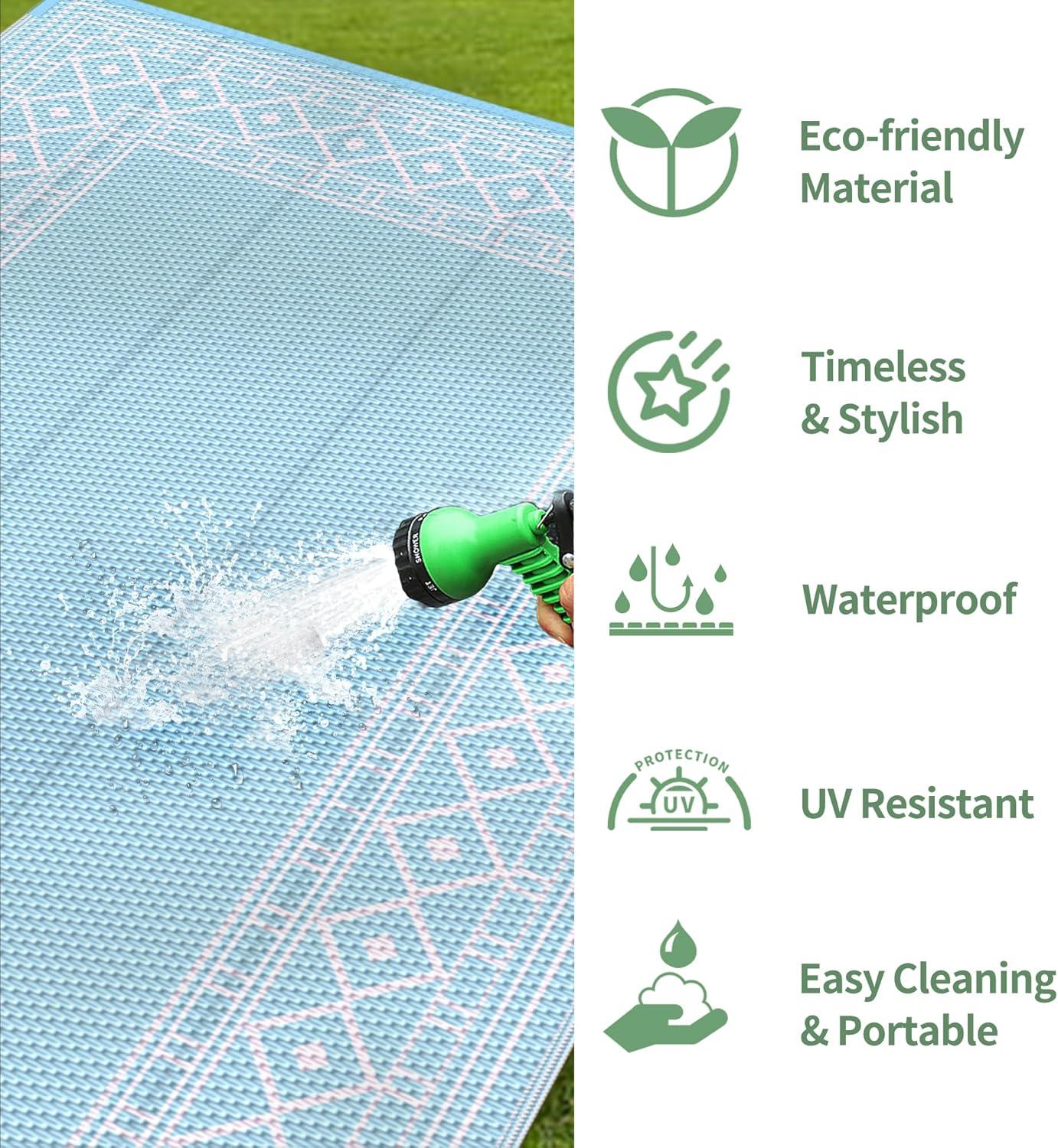 imageGENIMO Outdoor Rug Waterproof 6 x 9 for Patio Foldable Reversible Plastic Straw Carpet for Travel Trailers Outside Area Mat for Rv Deck Picnic Porch Camper Balcony Beach Baby Blue ampamp Pink