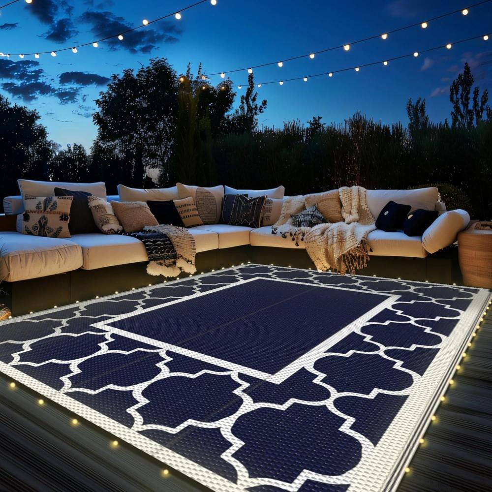imageGENIMO 5 x 8 Outdoor Rug Waterproof for Patio Decor Foldable Reversible Plastic Straw Area Rugs Mat for Camper Outside Carpet for Rv Deck Porch Picnic Beach Balcony Blue ampamp WhiteBlue White Led