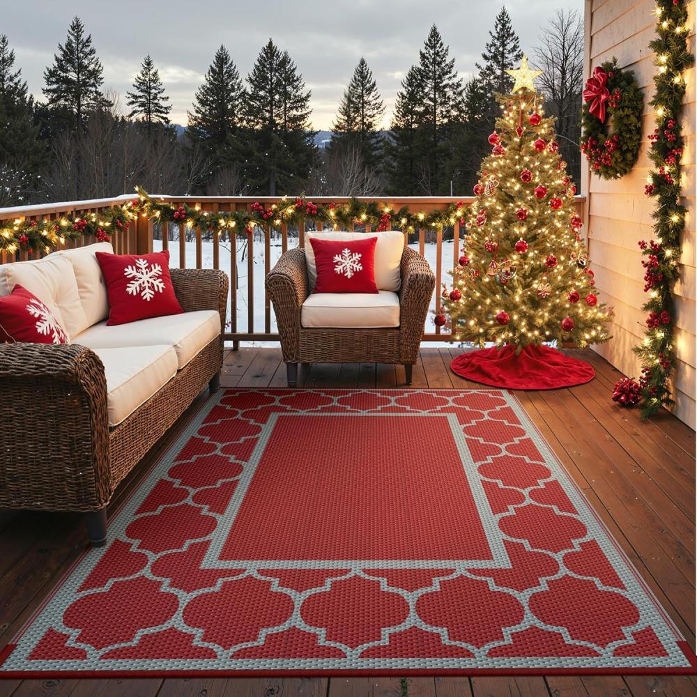 imageGENIMO 5 x 8 Outdoor Rug Waterproof for Patio Decor Foldable Reversible Plastic Straw Area Rugs Mat for Camper Outside Carpet for Rv Deck Porch Picnic Beach Balcony Blue ampamp WhiteRed Grey