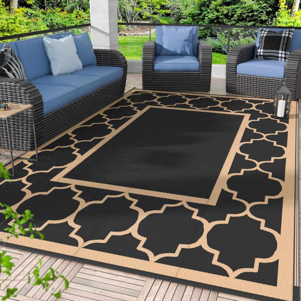 imageGENIMO 5 x 8 Outdoor Rug Waterproof for Patio Decor Foldable Reversible Plastic Straw Area Rugs Mat for Camper Outside Carpet for Rv Deck Porch Picnic Beach Balcony Blue ampamp WhiteBlackbrown