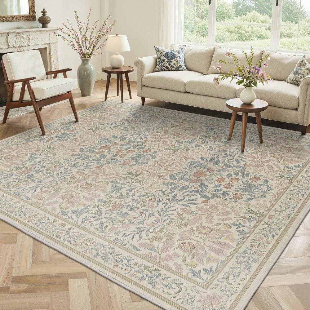 imageGENIMO 6x9 Washable Area Rug NonSlip Vintage Boho Floral Carpet Soft LowPile Thin Living Room Rug for Bedroom Dining Room Nursery Dark GreenBeige Pink