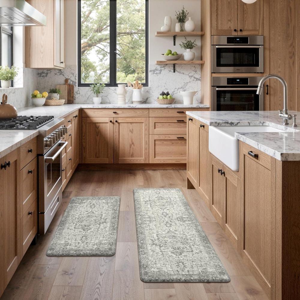 imageGENIMO Kitchen Mats for Floor 2PCs Washable Anti Fatigue Mat for Cushioned 173quotx47quot173quotx30quot Waterproof Kitchen Rugs Non Slip Comfort Standing Mat Rug for Home Sink Laundry Light GreenStone Gray