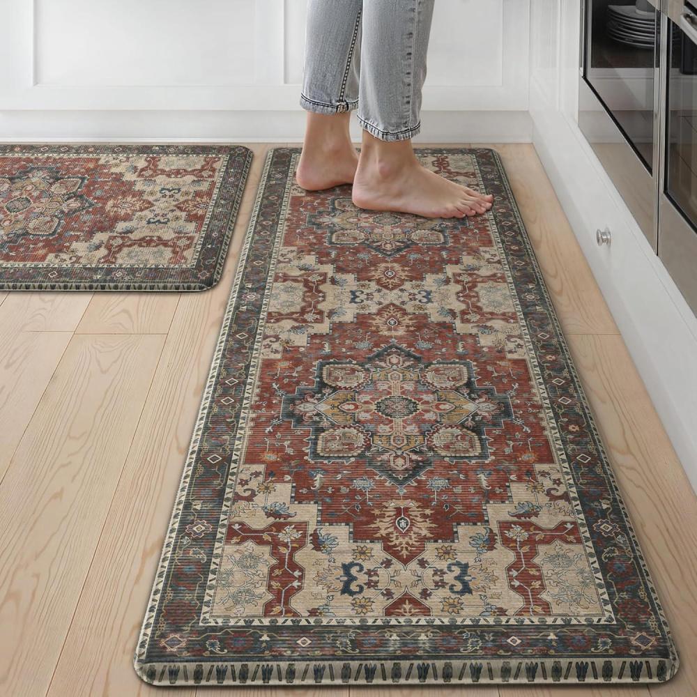 imageGENIMO Kitchen Mats for Floor 2PCs Washable Anti Fatigue Mat for Cushioned 173quotx47quot173quotx30quot Waterproof Kitchen Rugs Non Slip Comfort Standing Mat Rug for Home Sink Laundry Light GreenBordeaux Red