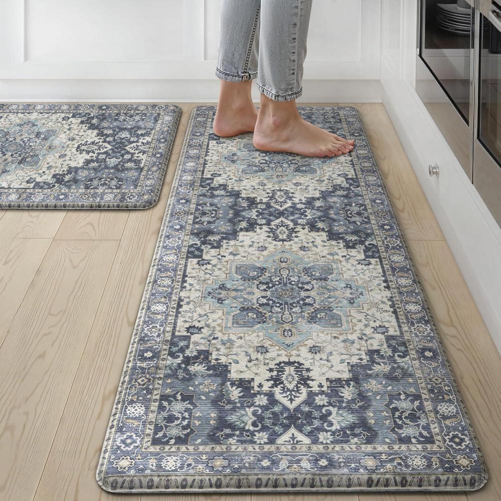 imageGENIMO Kitchen Mats for Floor 2PCs Washable Anti Fatigue Mat for Cushioned 173quotx47quot173quotx30quot Waterproof Kitchen Rugs Non Slip Comfort Standing Mat Rug for Home Sink Laundry Light GreenCenter Blue