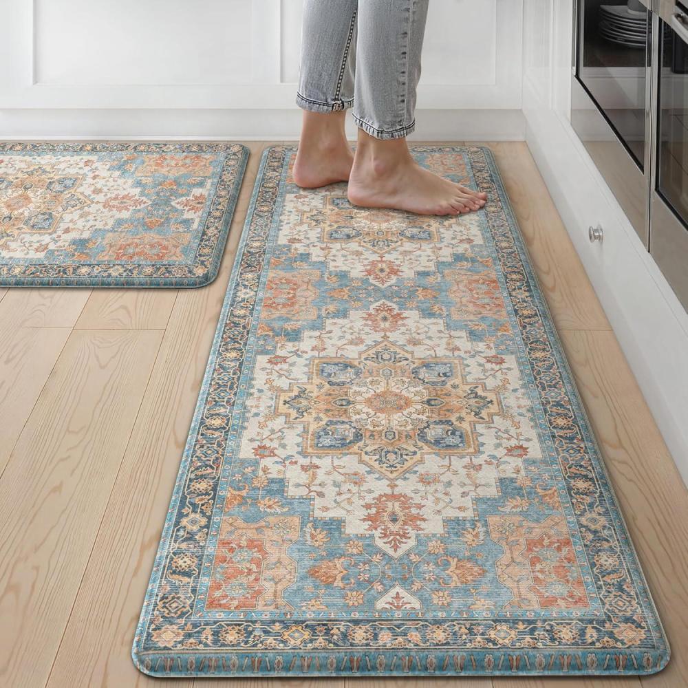 imageGENIMO Kitchen Mats for Floor 2PCs Washable Anti Fatigue Mat for Cushioned 173quotx47quot173quotx30quot Waterproof Kitchen Rugs Non Slip Comfort Standing Mat Rug for Home Sink Laundry Light GreenBluesalmon