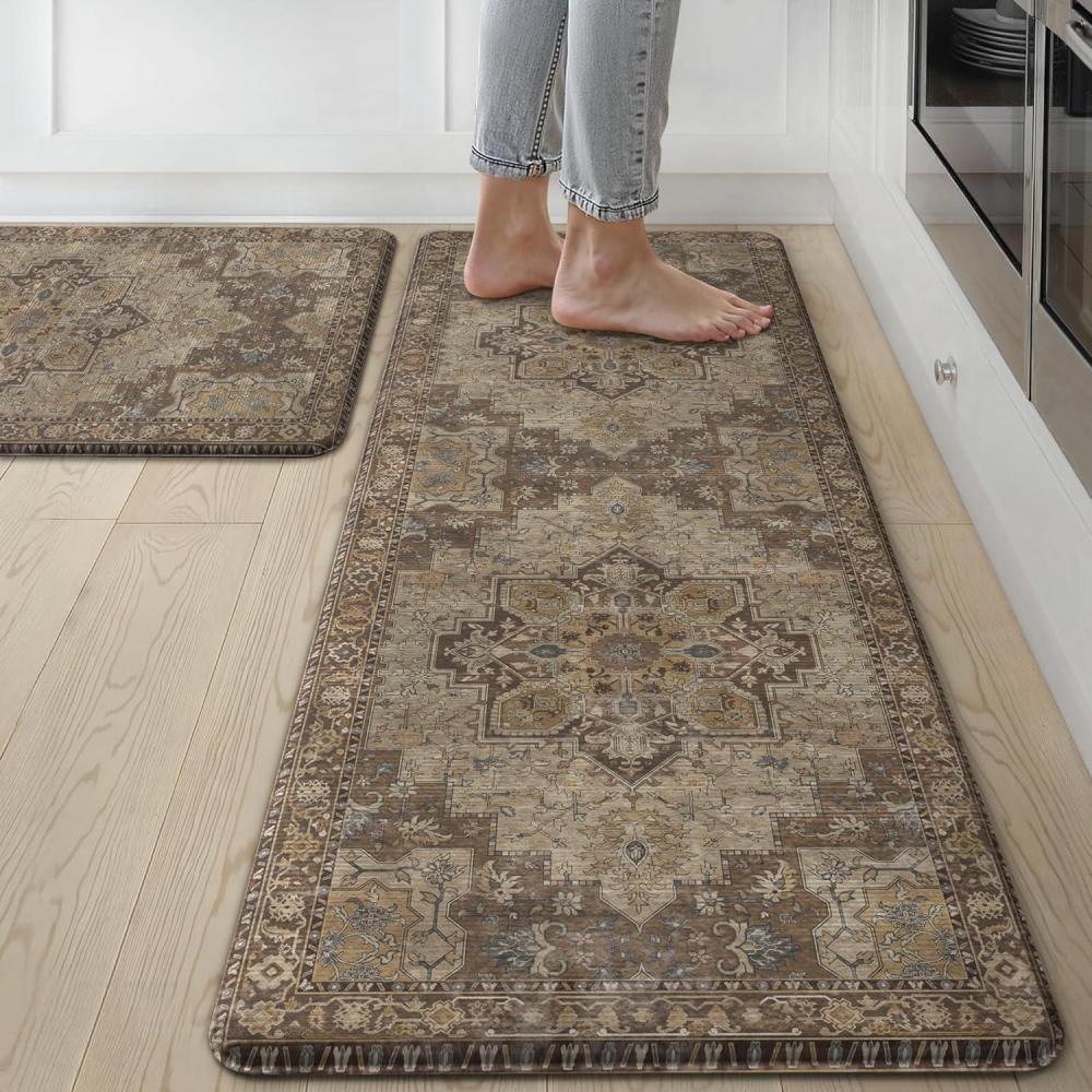 imageGENIMO Kitchen Mats for Floor 2PCs Washable Anti Fatigue Mat for Cushioned 173quotx47quot173quotx30quot Waterproof Kitchen Rugs Non Slip Comfort Standing Mat Rug for Home Sink Laundry Light GreenRustic Brown