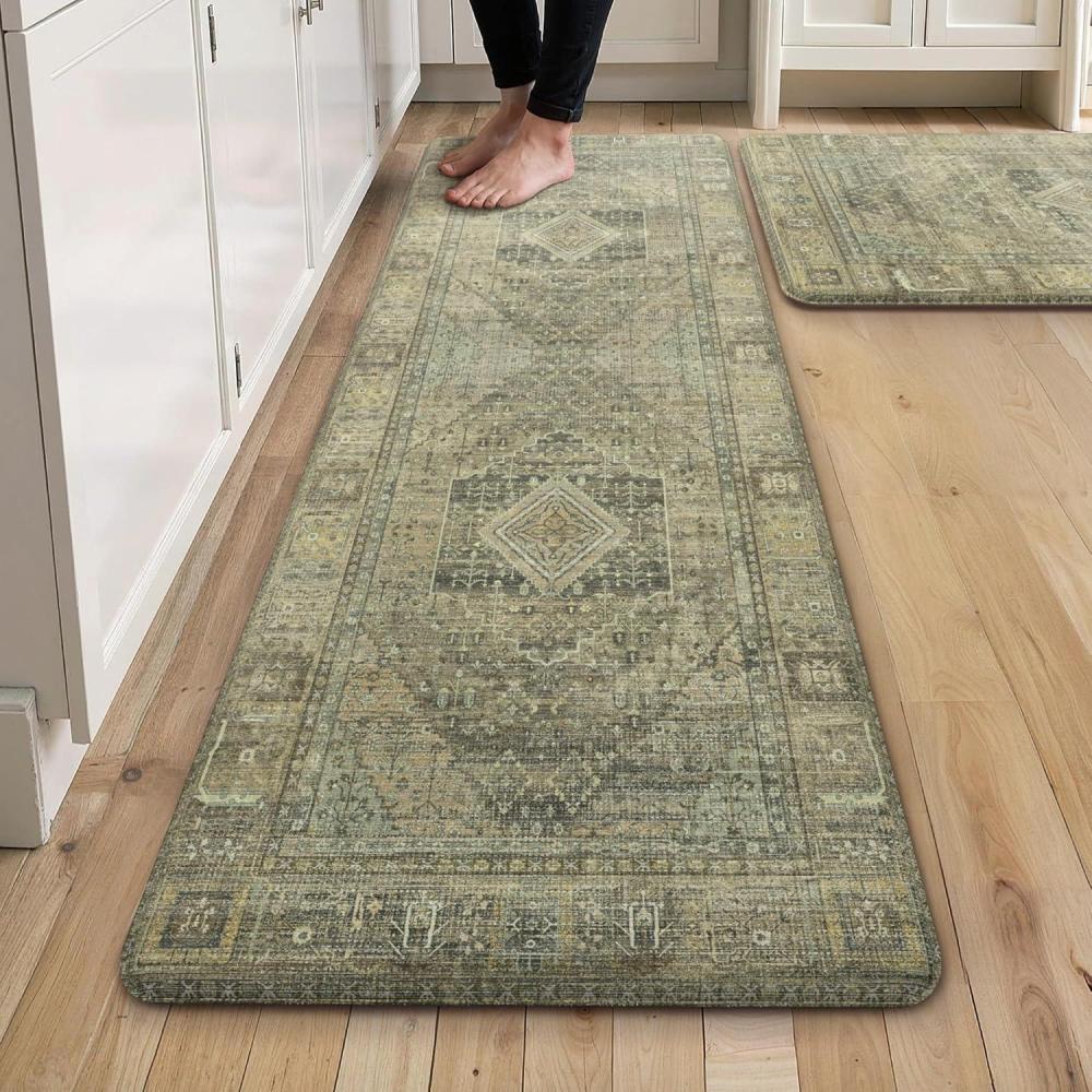 imageGENIMO Kitchen Mats for Floor 2PCs Washable Anti Fatigue Mat for Cushioned 173quotx47quot173quotx30quot Waterproof Kitchen Rugs Non Slip Comfort Standing Mat Rug for Home Sink Laundry Light GreenTan