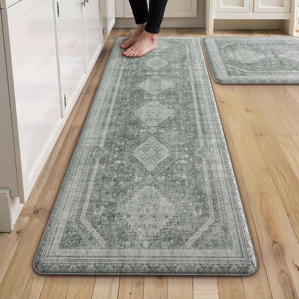 imageGENIMO Kitchen Mats for Floor 2PCs Washable Anti Fatigue Mat for Cushioned 173quotx47quot173quotx30quot Waterproof Kitchen Rugs Non Slip Comfort Standing Mat Rug for Home Sink Laundry Light GreenGrey