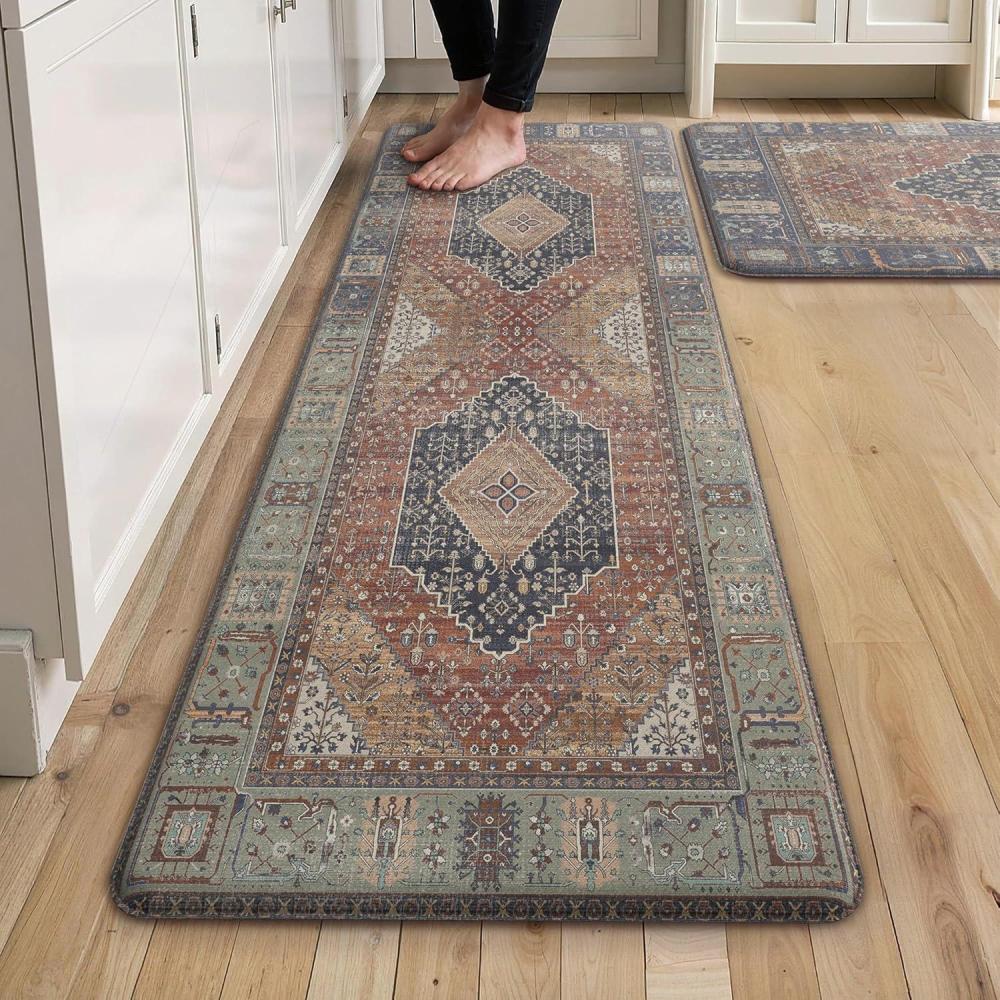 imageGENIMO Kitchen Mats for Floor 2PCs Washable Anti Fatigue Mat for Cushioned 173quotx47quot173quotx30quot Waterproof Kitchen Rugs Non Slip Comfort Standing Mat Rug for Home Sink Laundry Light GreenRed