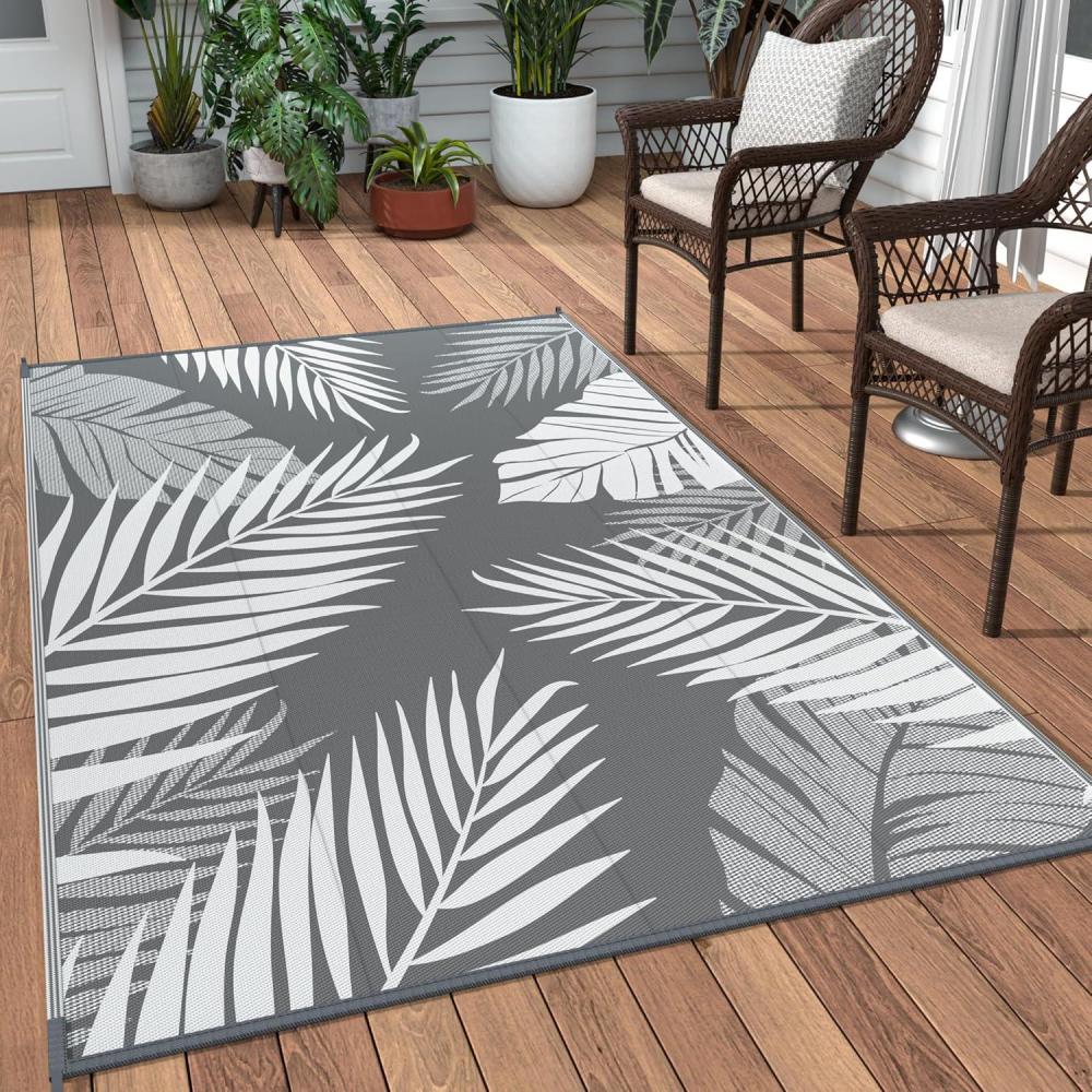 imageGENIMO Outdoor Rug 5 x 8 Waterproof for Patios Clearance Reversible Plastic Straw Camping Carpet Large Area Rugs Mats for RV Picnic Backyard Deck Balcony Porch Beach GreyampampWhiteGrey White Waterproof