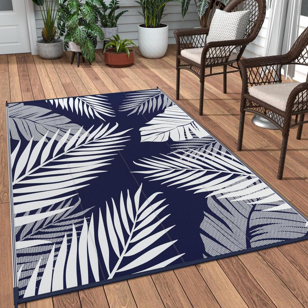 imageGENIMO Outdoor Rug 5 x 8 Waterproof for Patios Clearance Reversible Plastic Straw Camping Carpet Large Area Rugs Mats for RV Picnic Backyard Deck Balcony Porch Beach GreyampampWhiteNavy Blue White Waterproof
