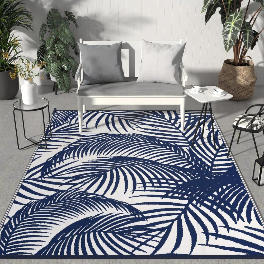 imageGENIMO Outdoor Rug 5 x 8 Waterproof for Patios Clearance Reversible Plastic Straw Camping Carpet Large Area Rugs Mats for RV Picnic Backyard Deck Balcony Porch Beach GreyampampWhiteAblue White