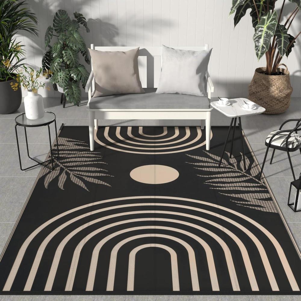 imageGENIMO Outdoor Rug 5 x 8 Waterproof for Patios Clearance Reversible Plastic Straw Camping Carpet Large Area Rugs Mats for RV Picnic Backyard Deck Balcony Porch Beach GreyampampWhiteMixblack Beige