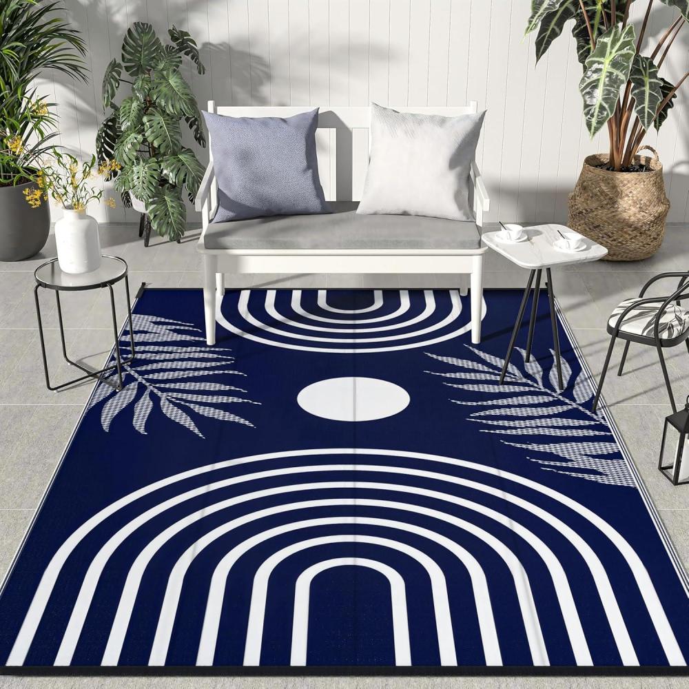 imageGENIMO Outdoor Rug 5 x 8 Waterproof for Patios Clearance Reversible Plastic Straw Camping Carpet Large Area Rugs Mats for RV Picnic Backyard Deck Balcony Porch Beach GreyampampWhiteMixblue White
