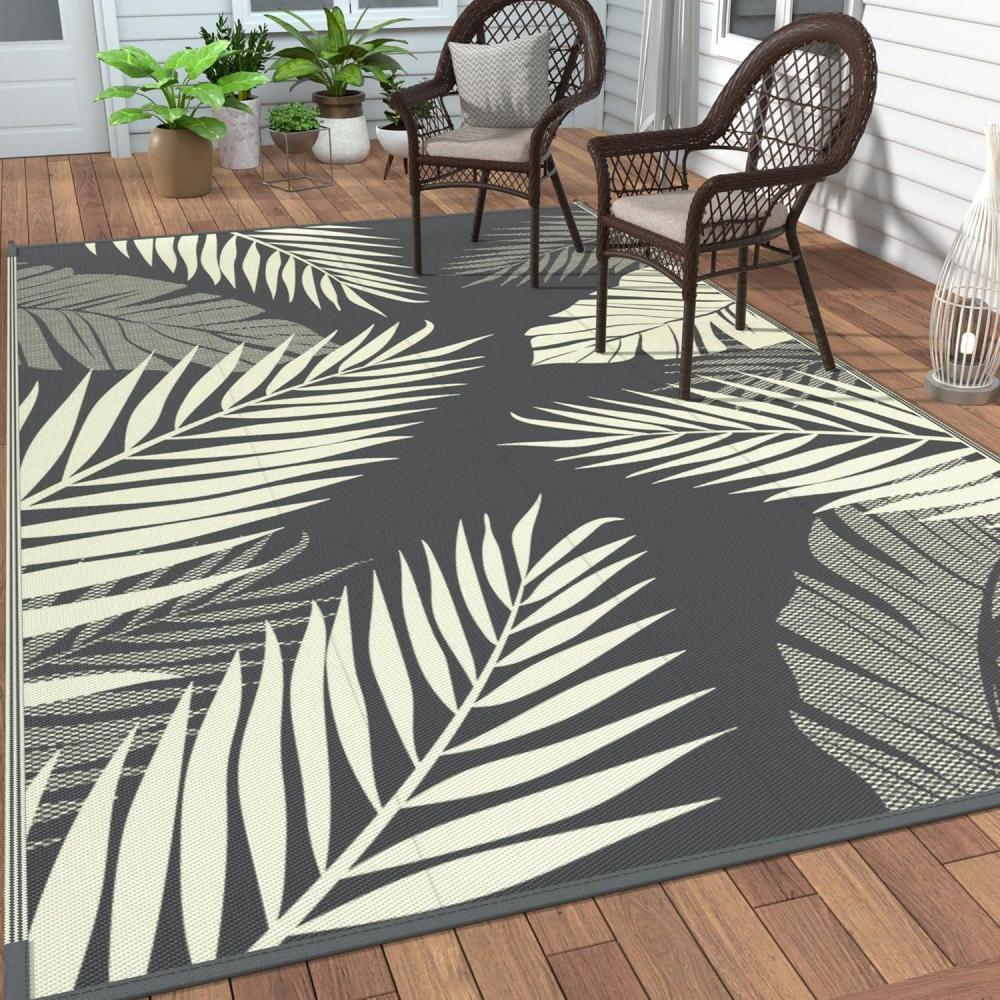 imageGENIMO Outdoor Rug 5 x 8 Waterproof for Patios Clearance Reversible Plastic Straw Camping Carpet Large Area Rugs Mats for RV Picnic Backyard Deck Balcony Porch Beach GreyampampWhiteYellow Grey Waterproof
