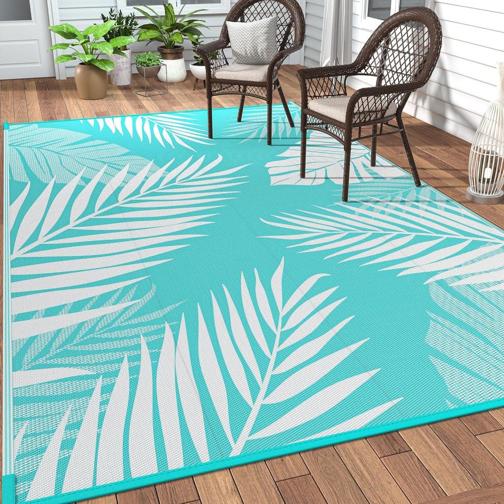 imageGENIMO Outdoor Rug 5 x 8 Waterproof for Patios Clearance Reversible Plastic Straw Camping Carpet Large Area Rugs Mats for RV Picnic Backyard Deck Balcony Porch Beach GreyampampWhiteAqua Blue White Waterproof