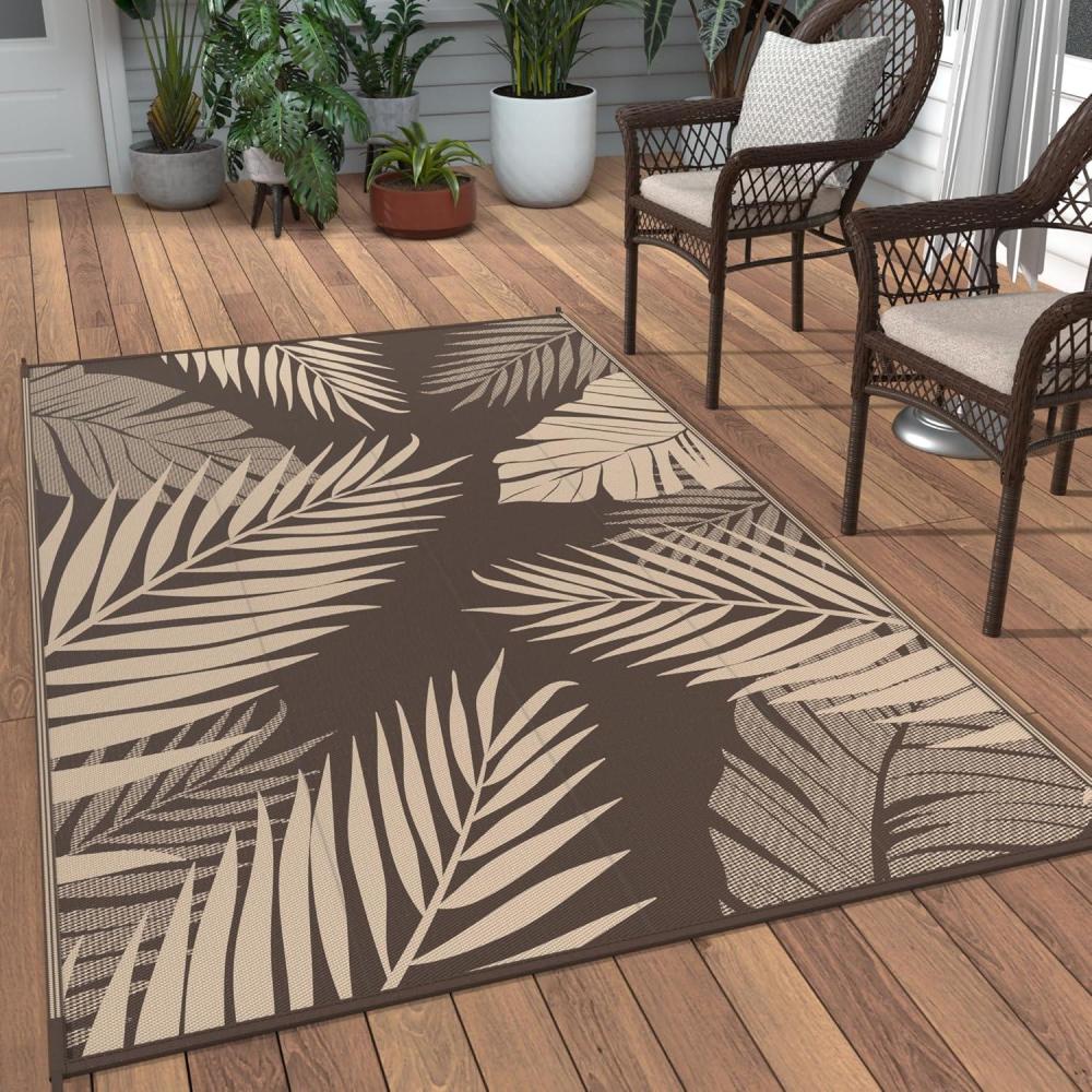 imageGENIMO Outdoor Rug 5 x 8 Waterproof for Patios Clearance Reversible Plastic Straw Camping Carpet Large Area Rugs Mats for RV Picnic Backyard Deck Balcony Porch Beach GreyampampWhiteCoffee Beige Waterproof