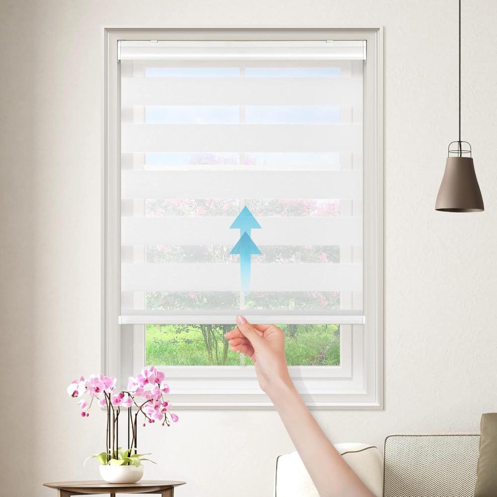 imageGENIMO Zebra Blinds for Windows Dual Layer Roller Window Shades Sheer Window Treatments Privacy Light Control for Day and Night Mini Blinds for Home Office Easy to Install Brown 32quot W X 72quot H