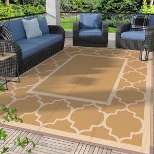 GENIMO 5′ x 8′ Outdoor Rug Waterproof for Patio Decor, Foldable Reversible Plastic Straw Area Rugs Mat for Camper, Outside Carpet for Rv, Deck, Porch, Picnic, Beach, Balcony, Blue & White(Brown&beige)