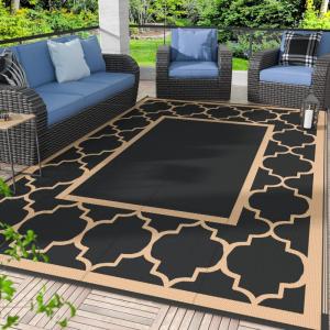 GENIMO 5′ x 8′ Outdoor Rug Waterproof for Patio Decor, Foldable Reversible Plastic Straw Area Rugs Mat for Camper, Outside Carpet for Rv, Deck, Porch, Picnic, Beach, Balcony, Blue & White(Black&brown)