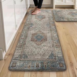 GENIMO Kitchen Mats for Floor 2PCs, Washable Anti Fatigue Mat for Cushioned, 17.3″x47″+17.3″x30″, Waterproof Kitchen Rugs, Non Slip Comfort Standing Mat Rug for Home, Sink, Laundry, Light Green(Brown)