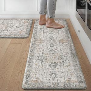 GENIMO Kitchen Mats for Floor 2PCs, Washable Anti Fatigue Mat for Cushioned, 17.3″x47″+17.3″x30″, Waterproof Kitchen Rugs, Non Slip Comfort Standing Mat Rug for Home, Sink, Laundry, Light Green(Light Taupe Brown)