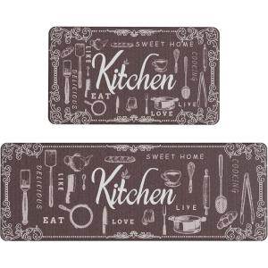 GENIMO Kitchen Mats for Floor 2PCs, Washable Anti Fatigue Mat for Cushioned, 17.3″x47″+17.3″x30″, Waterproof Kitchen Rugs, Non Slip Comfort Standing Mat Rug for Home, Sink, Laundry, Light Green(Kitchen&brown)