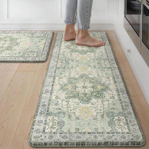 GENIMO Kitchen Mats for Floor 2PCs, Washable Anti Fatigue Mat for Cushioned, 17.3″x47″+17.3″x30″, Waterproof Kitchen Rugs, Non Slip Comfort Standing Mat Rug for Home, Sink, Laundry, Light Green(Light Green)