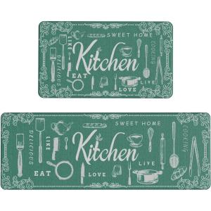 GENIMO Kitchen Mats for Floor 2PCs, Washable Anti Fatigue Mat for Cushioned, 17.3″x47″+17.3″x30″, Waterproof Kitchen Rugs, Non Slip Comfort Standing Mat Rug for Home, Sink, Laundry, Light Green(Ktchen&green)