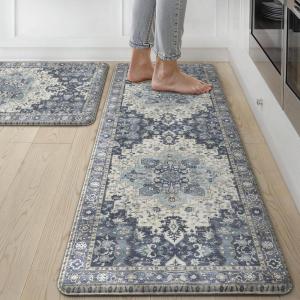 GENIMO Kitchen Mats for Floor 2PCs, Washable Anti Fatigue Mat for Cushioned, 17.3″x47″+17.3″x30″, Waterproof Kitchen Rugs, Non Slip Comfort Standing Mat Rug for Home, Sink, Laundry, Light Green(Center Blue)