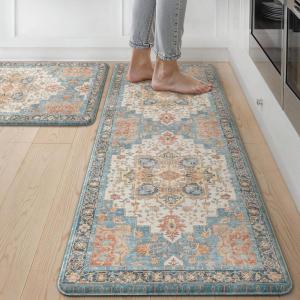 GENIMO Kitchen Mats for Floor 2PCs, Washable Anti Fatigue Mat for Cushioned, 17.3″x47″+17.3″x30″, Waterproof Kitchen Rugs, Non Slip Comfort Standing Mat Rug for Home, Sink, Laundry, Light Green(Blue&salmon)