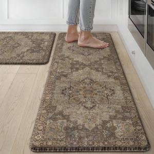 GENIMO Kitchen Mats for Floor 2PCs, Washable Anti Fatigue Mat for Cushioned, 17.3″x47″+17.3″x30″, Waterproof Kitchen Rugs, Non Slip Comfort Standing Mat Rug for Home, Sink, Laundry, Light Green(Rustic Brown)