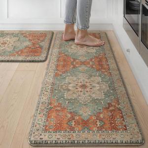 GENIMO Kitchen Mats for Floor 2PCs, Washable Anti Fatigue Mat for Cushioned, 17.3″x47″+17.3″x30″, Waterproof Kitchen Rugs, Non Slip Comfort Standing Mat Rug for Home, Sink, Laundry, Light Green(Multi Color)