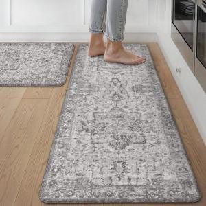 GENIMO Kitchen Mats for Floor 2PCs, Washable Anti Fatigue Mat for Cushioned, 17.3″x47″+17.3″x30″, Waterproof Kitchen Rugs, Non Slip Comfort Standing Mat Rug for Home, Sink, Laundry, Light Green(Vintage Grey)