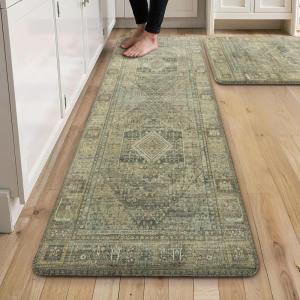 GENIMO Kitchen Mats for Floor 2PCs, Washable Anti Fatigue Mat for Cushioned, 17.3″x47″+17.3″x30″, Waterproof Kitchen Rugs, Non Slip Comfort Standing Mat Rug for Home, Sink, Laundry, Light Green(Tan)