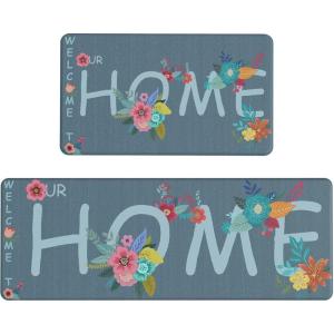 GENIMO Kitchen Mats for Floor 2PCs, Washable Anti Fatigue Mat for Cushioned, 17.3″x47″+17.3″x30″, Waterproof Kitchen Rugs, Non Slip Comfort Standing Mat Rug for Home, Sink, Laundry, Light Green(Home&blue)