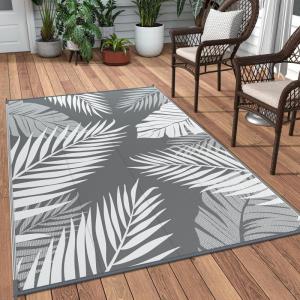 GENIMO Outdoor Rug 5′ x 8′ Waterproof for Patios Clearance, Reversible Plastic Straw Camping Carpet, Large Area Rugs Mats for RV, Picnic, Backyard, Deck, Balcony, Porch, Beach, Grey&White(Grey & White | Waterproof)