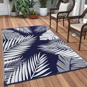GENIMO Outdoor Rug 5′ x 8′ Waterproof for Patios Clearance, Reversible Plastic Straw Camping Carpet, Large Area Rugs Mats for RV, Picnic, Backyard, Deck, Balcony, Porch, Beach, Grey&White(Navy Blue & White | Waterproof)