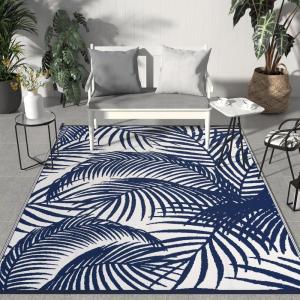 GENIMO Outdoor Rug 5′ x 8′ Waterproof for Patios Clearance, Reversible Plastic Straw Camping Carpet, Large Area Rugs Mats for RV, Picnic, Backyard, Deck, Balcony, Porch, Beach, Grey&White(A.blue & White)