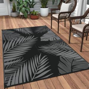 GENIMO Outdoor Rug 5′ x 8′ Waterproof for Patios Clearance, Reversible Plastic Straw Camping Carpet, Large Area Rugs Mats for RV, Picnic, Backyard, Deck, Balcony, Porch, Beach, Grey&White(Black & Grey | Waterproof)