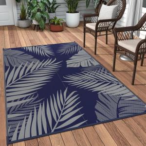 GENIMO Outdoor Rug 5′ x 8′ Waterproof for Patios Clearance, Reversible Plastic Straw Camping Carpet, Large Area Rugs Mats for RV, Picnic, Backyard, Deck, Balcony, Porch, Beach, Grey&White(Navy Blue & Grey | Waterproof)