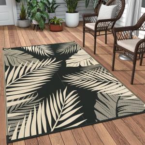 GENIMO Outdoor Rug 5′ x 8′ Waterproof for Patios Clearance, Reversible Plastic Straw Camping Carpet, Large Area Rugs Mats for RV, Picnic, Backyard, Deck, Balcony, Porch, Beach, Grey&White(Black & Beige | Waterproof)