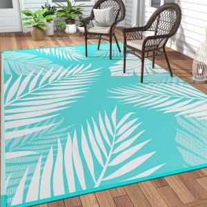 GENIMO Outdoor Rug 5′ x 8′ Waterproof for Patios Clearance, Reversible Plastic Straw Camping Carpet, Large Area Rugs Mats for RV, Picnic, Backyard, Deck, Balcony, Porch, Beach, Grey&White(Aqua Blue & White | Waterproof)