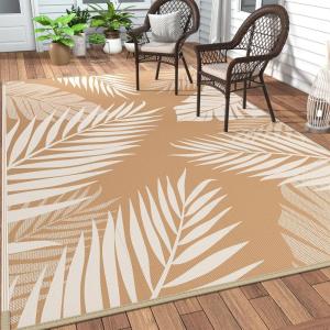GENIMO Outdoor Rug 5′ x 8′ Waterproof for Patios Clearance, Reversible Plastic Straw Camping Carpet, Large Area Rugs Mats for RV, Picnic, Backyard, Deck, Balcony, Porch, Beach, Grey&White(Brown & Beige | Waterproof)