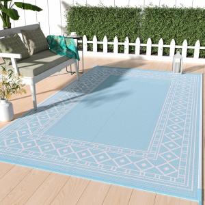GENIMO Outdoor Rug Waterproof 6′ x 9′ for Patio, Foldable Reversible Plastic Straw Carpet for Travel Trailers, Outside Area Mat for Rv, Deck, Picnic, Porch, Camper, Balcony, Beach, Baby Blue & Pink