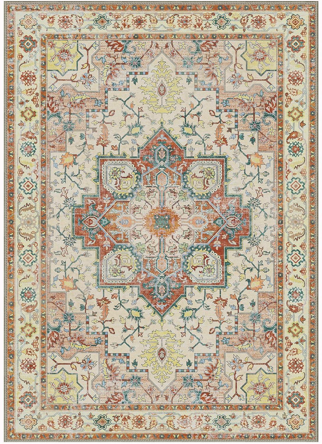 imageGENIMO 8x10 Area Rugs for Living Room Machine Washable Non Slip Vintage Retro Rugs Low Pile Lightweight Chenille Print Rug for Bedroom Dining Room Home OfficeFloral Blossom