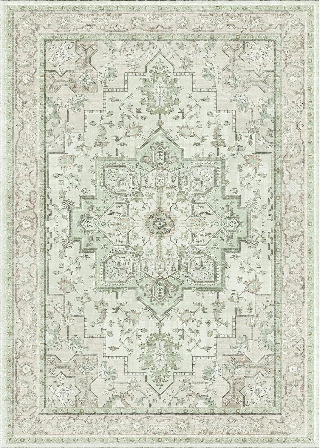 imageGENIMO 8x10 Area Rugs for Living Room Machine Washable Non Slip Vintage Rugs Low Pile Lightweight Chenille Print Rug for Bedroom Dining Room Home Office Oat Light