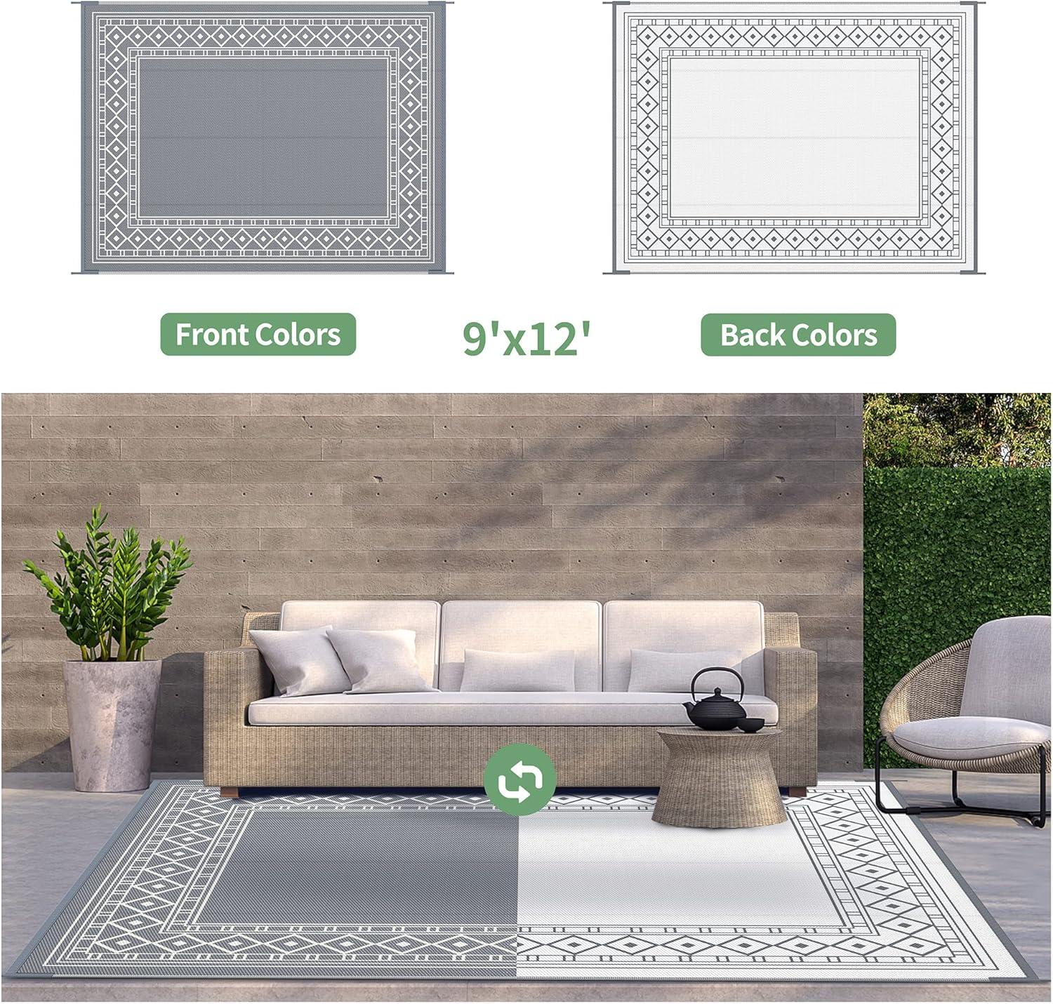 imageGENIMO Outdoor Rug 9 x 12 Waterproof for Patios Clearance Reversible Outdoor Plastic Straw Area Rug Carpet Large Camping Rug Mats for RV Backyard Deck Balcony Picnic GreyampampWhite